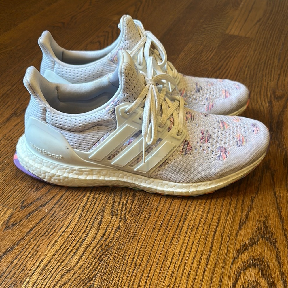 Adidas White and Purple Athletic Shoes with Boost Technology